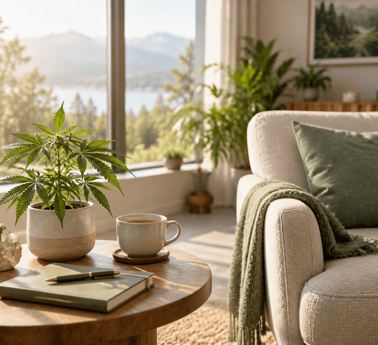 Warm, welcoming cannabis friendly rehab center interior with natural light and a medical cannabis plant on a side table, symbolizing non-judgmental recovery care for cannabis patients