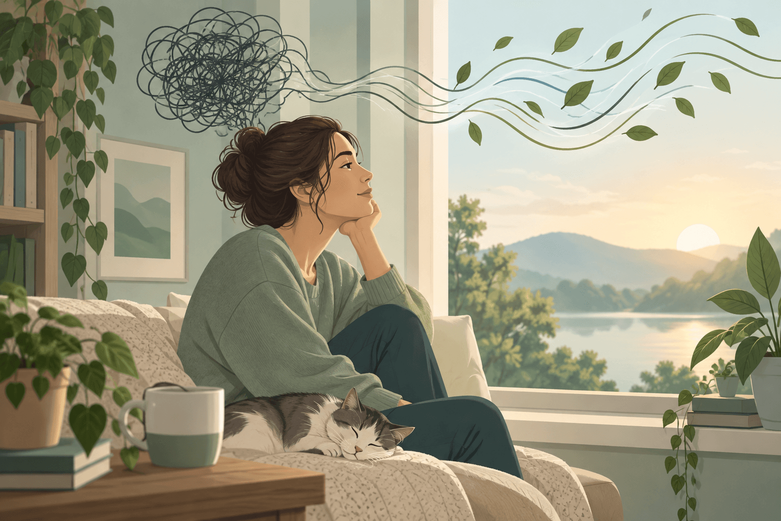 Person sitting calmly by a window managing anxiety during addiction recovery, with a cannabis leaf motif representing cannabis friendly dual diagnosis treatment