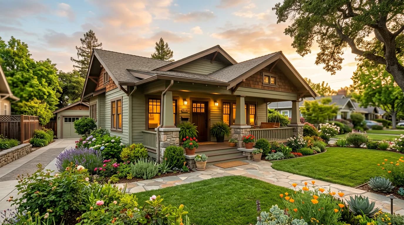 Bright, welcoming cannabis-friendly sober living home with a tidy front porch and garden at golden hour