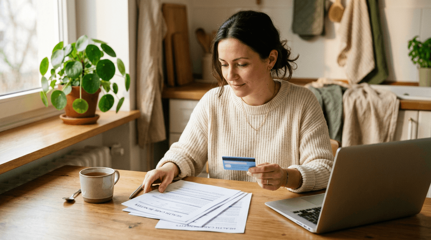 Woman at a kitchen table reviewing her health insurance card and benefits paperwork to check coverage for alcohol rehab
