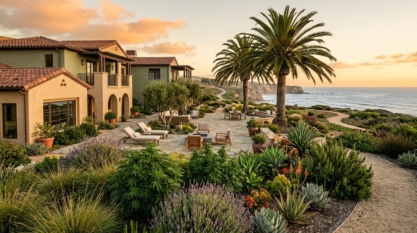 Weed-friendly rehab in California with cannabis plants in the garden, palm trees, and an ocean-view patio